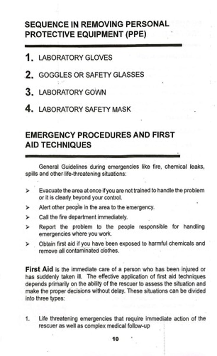 <p>The order for removing PPE: Laboratory Gloves, Goggles or Safety Glasses, Laboratory Gown.</p>