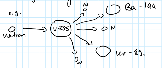 <p>fission is the splitting of a large, unstable nucleus into two smaller nuclei</p><ul><li><p>a neutron collides with the unstable nucleus</p><ul><li><p>these are the reactants</p></li></ul></li><li><p>and the nucleus splits into two daughter nuclei and two or three neutrons</p><ul><li><p>these are the products</p></li><li><p>the neutrons then go on to collide with other unstable nuclei which splits into more neutrons which collide with more nuclei etc.</p></li></ul></li><li><p>gamma rays are also emitted</p></li><li><p>this releases kinetic energy</p></li></ul><p></p>