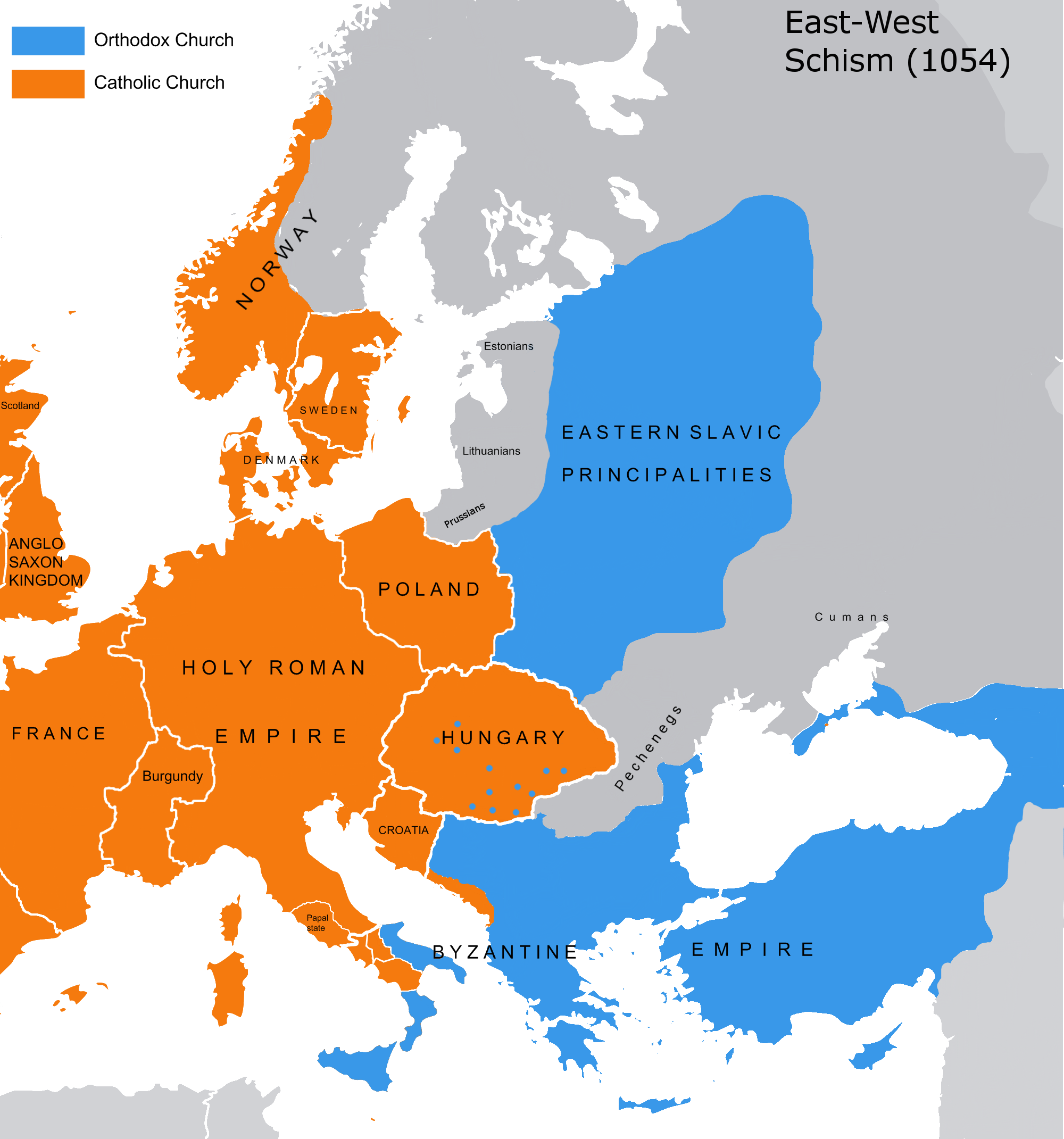 <p>A split between the Byzantine Church and the Roman Catholic Church, resulting from differing beliefs and practices.</p>