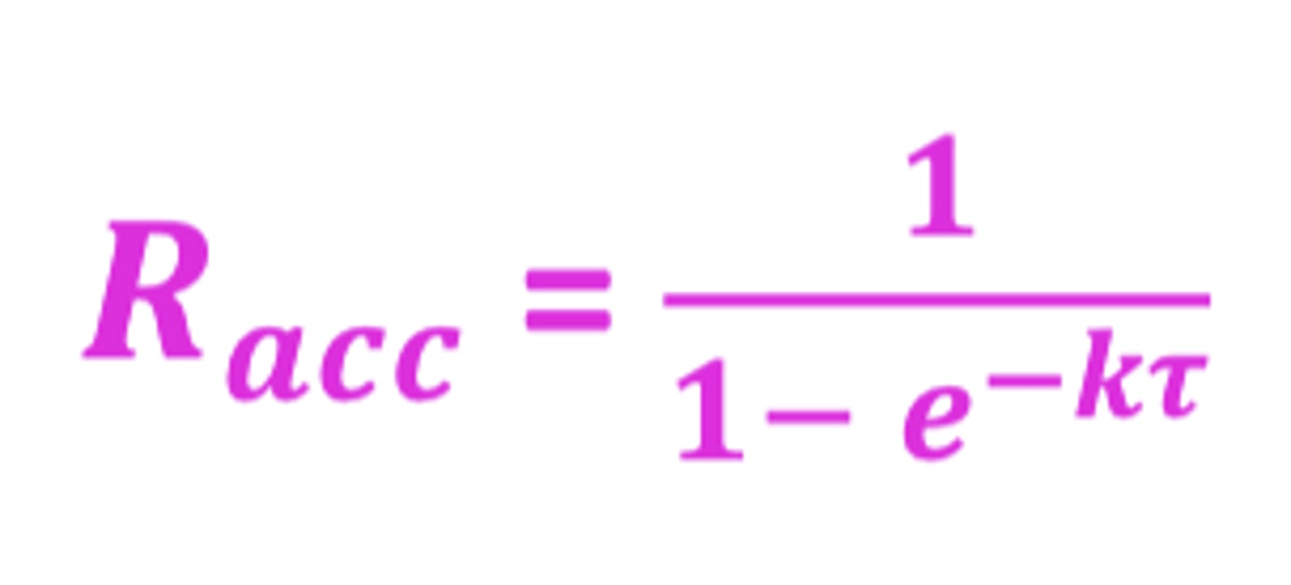 <p>t1/2 /𝜏</p><p>t1/2 =half-life (direct relationship)</p><p>!!!!! 𝜏 =dosing interval (indirect relationship)</p>