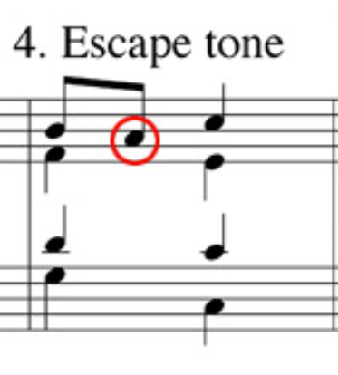 <p>Approached by step</p><p>Resolved by leap in opposite direction</p><p>Unaccented</p>