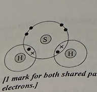 <ul><li><p>1 mark for both shared pairs</p></li><li><p>1 mark for the non-bonding electrons</p></li></ul>