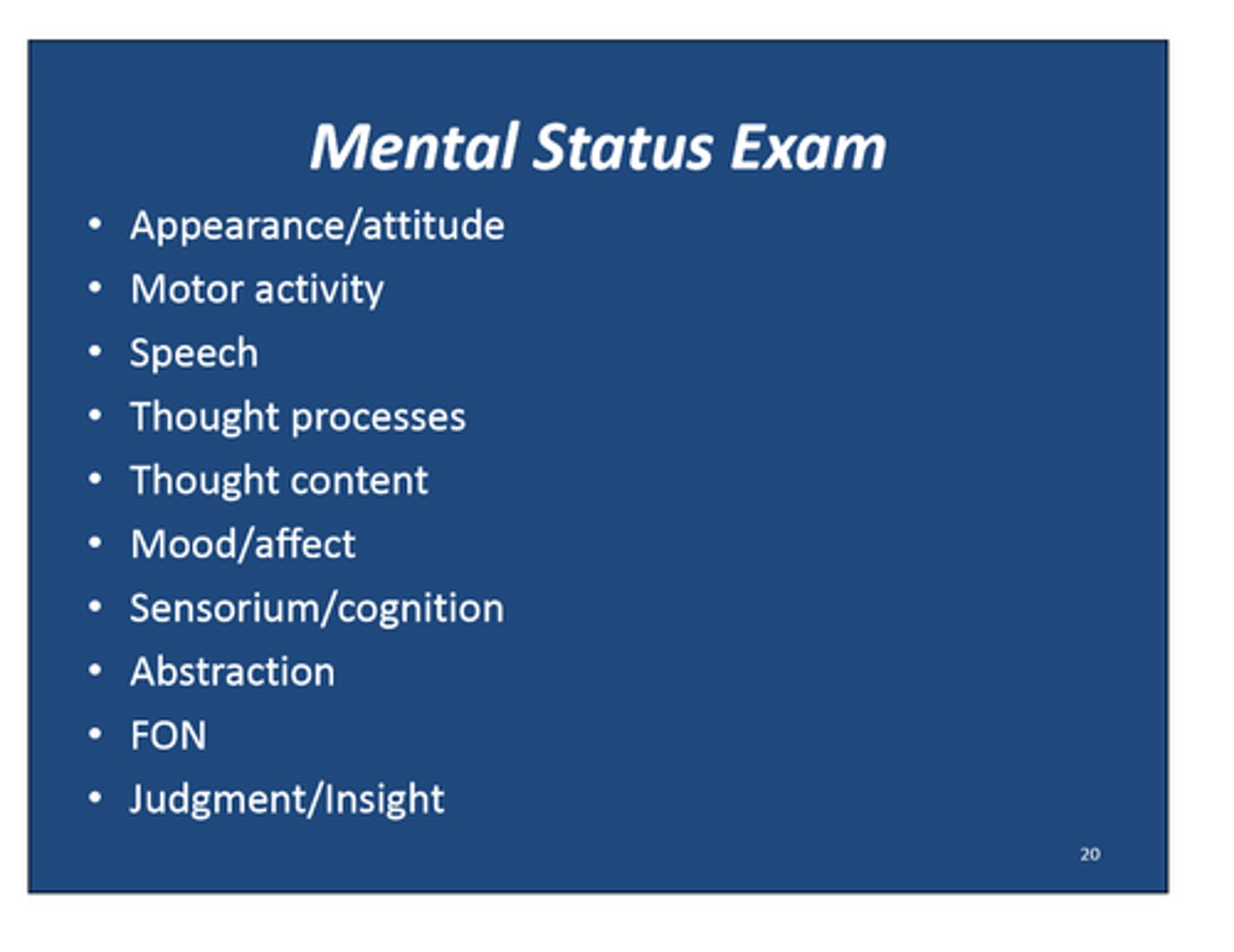 <p>a set of interview questions and observations designed to reveal the degree and nature of a client's abnormal functioning</p>