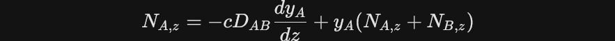 <p><strong>Definition:</strong> The total movement of a species relative to a fixed coordinate system, combining both molecular diffusion and bulk flow (convection).</p><p><strong>Utility:</strong> * This is the "master equation" for mass transfer problems.</p><ul><li><p>It accounts for the fact that species A is not just diffusing, but is also being "carried along" by the overall velocity of the fluid mixture (<span><span>Vz</span></span><span>​</span>).</p></li></ul><p></p>