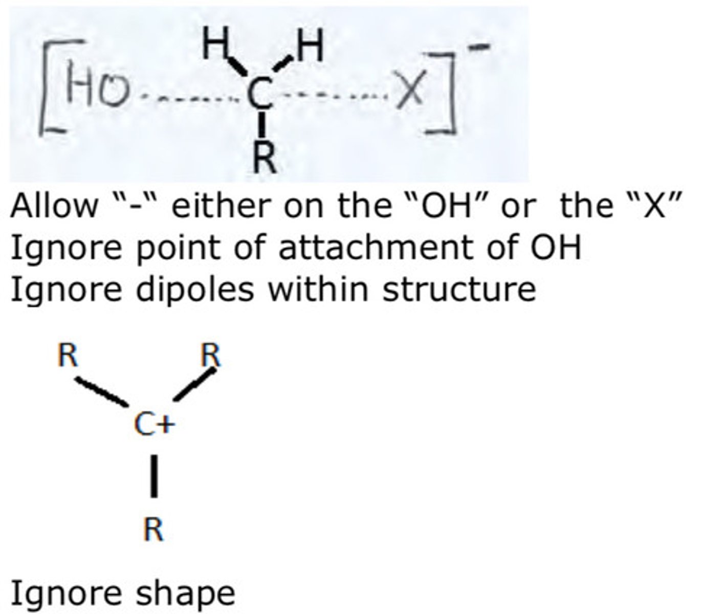 <p>- both are nucleophilic substitution</p><p>- primary halogenoalkane undergo SN2 reaction via a transition state</p><p>- tertiary halogenoalkane undergo SN1 reaction via a carbocation intermediate</p><p>- both the concentration of RCH₂X and OH⁻ are in the RDS</p><p>- only the concentration of R₃CX is in the RDS</p>
