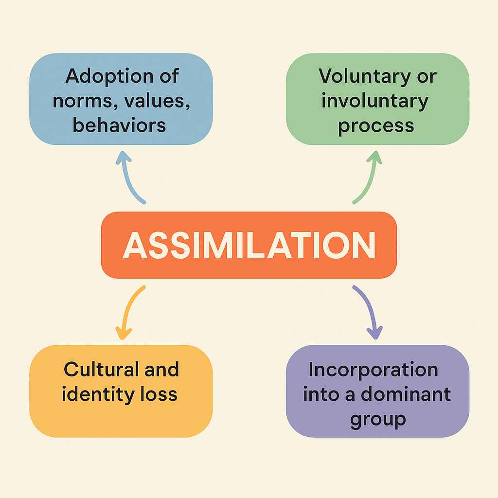 <p>when one group adopts the practices of another group, thus loosing their own culture</p>