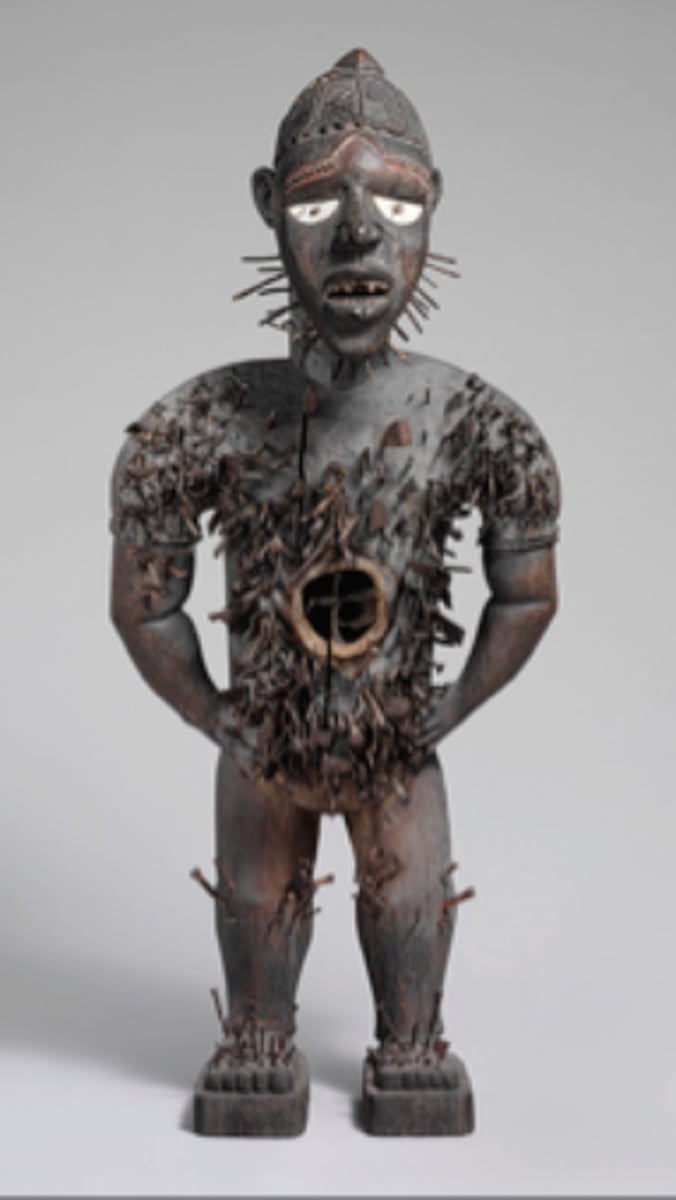 <p>Kongo people (CONGO!), Wood+metal<br><br>NKISI= SPIRIT<br>NGANGA= Shaman<br><br>Spirit is contained/released in vessels to impact community.<br>ANTHROPOMORHPIC<br>Bless or curse, seal contracts. Punish oath breakers! <br>Nails= serious, pegs= settlements are inserted (sometimes with spit)<br>Hole (SOUUULLL) holds medicine and objects related to ngnga)<br>Upright, rigid, open mouth</p>