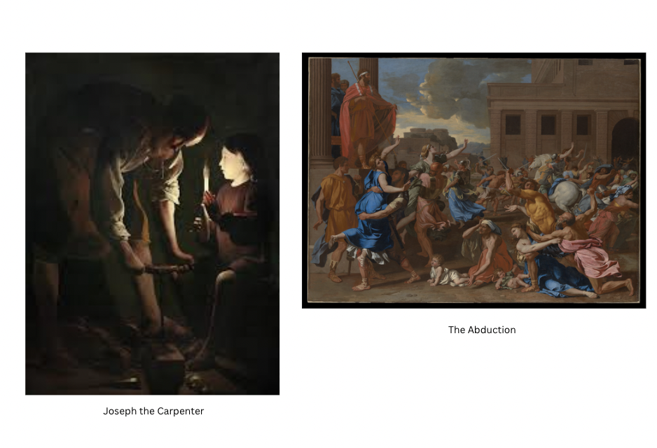 <p></p><p><strong><span>Georges de La Tour</span> – <em>Joseph the Carpenter</em></strong></p><ul><li><p>A quiet, spiritual Baroque painting focused on candlelight and human emotion. Known for its strong chiaroscuro and realism.</p></li></ul><p><strong><span>Nicolas Poussin</span> – <em>The Abduction of the Sabine Women</em></strong></p><ul><li><p>A classical Baroque painting inspired by ancient Rome, emphasizing reason and order.</p></li></ul><p></p>