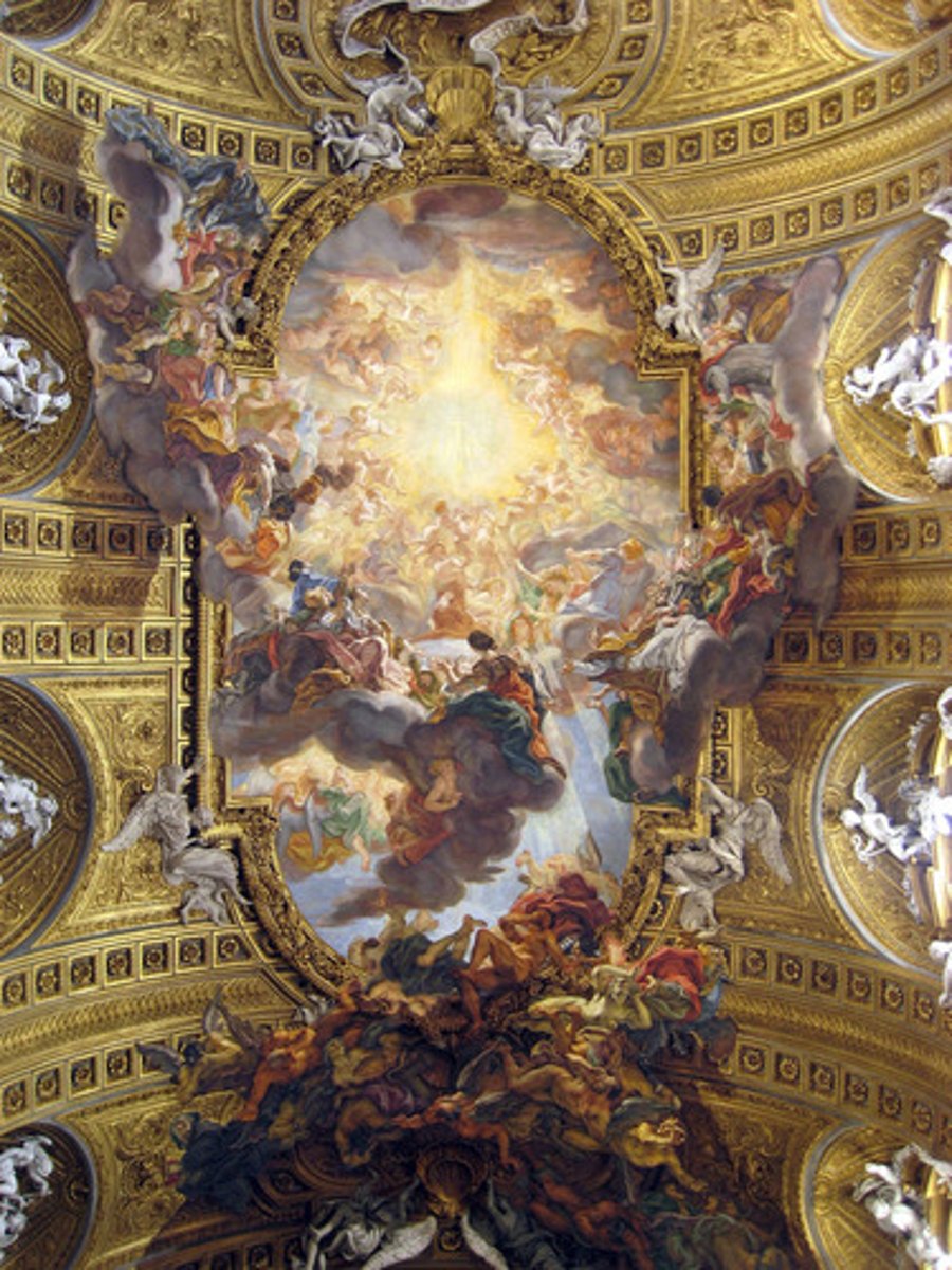 <p>Form:<br>-building: marble, brick<br>-ceiling: fresco and stucco<br>-Lation cross plan, simple<br>-single aisle<br>-Post Reformation<br>Content:<br>-faith through the senses<br>-Last Judgement (ceiling) spatial illusionism, end of Baroque period<br>-IHS: interpretation of Jesus' name<br>Function:<br>-mother church for the Jesuits of the world<br>Context:<br>-architect: Giacomo da Vignola<br>-facade: Giacomo della Porta<br>-ceiling: Giovanni Battista Gaulli<br>-Jesuits are great defenders of the pope<br>-ceiling made 100 years later (1676)<br>-Rome, Italy</p>