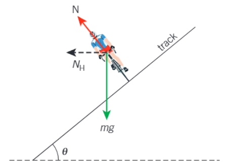 <ul><li><p>Weight component acting downwards</p></li><li><p>Reactionary force N acting perpendicular the surface</p></li><li><p>N<sub>H </sub>is the horizontal component (mgcosθ)</p></li></ul><p></p>