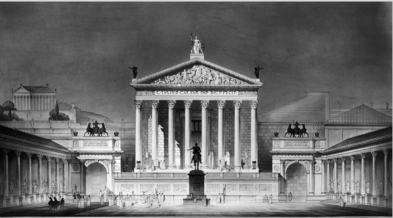 <ol><li><p>made for himself!</p></li><li><p>open area surrounded by colonnades with shops</p></li><li><p>temple on one end to <strong>Venus Genetrix —&gt; connection to his family</strong></p></li><li><p><strong>curia</strong> on other end</p></li></ol><p></p>