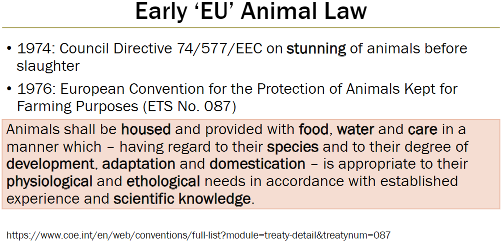 <p><strong>Council Directive 74/577/EEC (1974)</strong><br> Required stunning of animals before slaughter</p><p><strong>European Convention for the Protection of Animals Kept for Farming Purposes (ETS No. 087, 1976)</strong><br> Animals must be housed and provided with food, water, and care appropriate to their species<br> Consider physiological and ethological needs, adaptation, domestication<br> Guided by established experience and scientific knowledge</p>