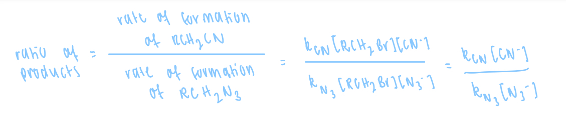 <p>define the rate of formation when:</p><ul><li><p>[CN-] = [N3-]</p></li><li><p>32 x [CN-] = [N3-] </p></li></ul><p><strong>given k[CN] = 16 k[N3]</strong></p>