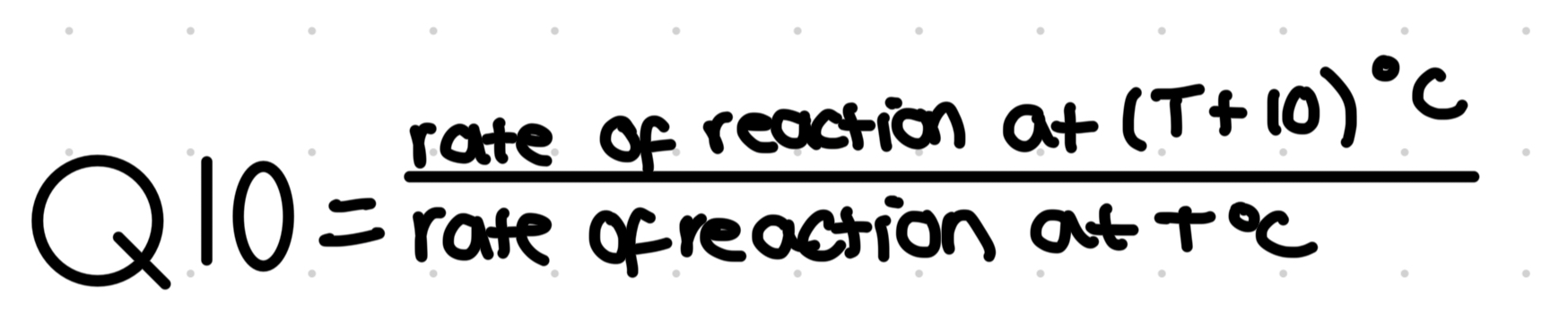 <ul><li><p>It is the increase in rate when temp is increased by 10 degrees c </p></li><li><p>When Q10 is exactly 2, rate has doubled, 3= tripled rate</p></li><li><p>Usually calculated from a graph</p></li></ul>