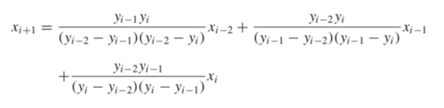 <p>determining a sideways quadratic function that goes through 3 points and observing where it intersects the x axis<br>the point where it intersects the x axis will be used as the new root estimate<br><br>y = 0 corresponds to the root x(i+1)<br><br><b>this equation finds the root</b></p>