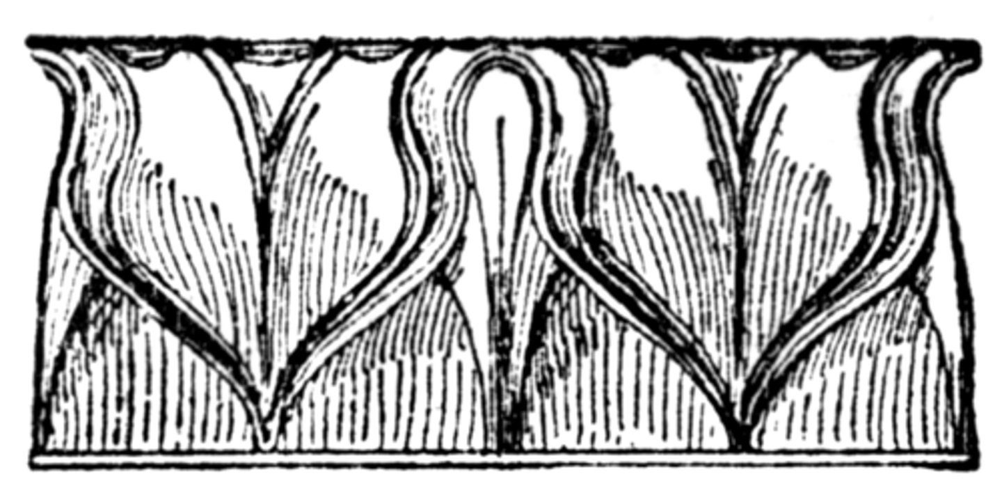 <p>conventionalized leaf pattern of classical origin used to enrich a cyma reversa molding. sometimes called a leaf and dart pattern</p>