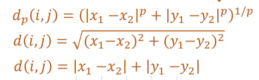 <ul><li><p>Euclidean distance (p=2)</p></li></ul><ul><li><p>Manhattan distance (p=1)</p></li></ul><p></p>