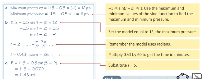 <p>d) </p><p>11.5-0.5sin(t-2)=11.3</p><p>-0.5sin(t-2)=-0.2</p><p>sin(t-2)=0.4</p><p>t-2=-3.553…, 0.4115…, 2.73…, 6.6947…</p><p>t=2.41 hours, 4.73 hours.</p><p>t=2 h 25 min, 4 h 44 min</p>