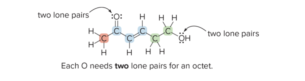 <ol><li><p>place C atoms as intersections of any 2 lines and end of any line</p></li><li><p>Add enough H to make C tetravalent </p></li><li><p>Add lone pairs to heteroatom to complete octets </p></li></ol><p></p>