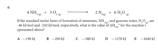 <p>If the standard molar heats of formation of ammonia, NH3(g), and gaseous water, H2O(g), are -46 kJ/mol and -242 kJ/mol, respectively, what is the value of ΔH298° for the reaction represented above?</p>