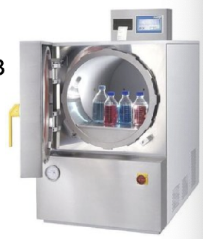 <p>Instrument used to sterilize (Steam B)</p><ul><li><p>Temperature: 121 C</p></li><li><p>15 lbs of pressure/ square inch (lbs/ in²)</p></li><li><p>20 minutes: kills all bacteria, fungal spores and viruses </p></li></ul><p></p>