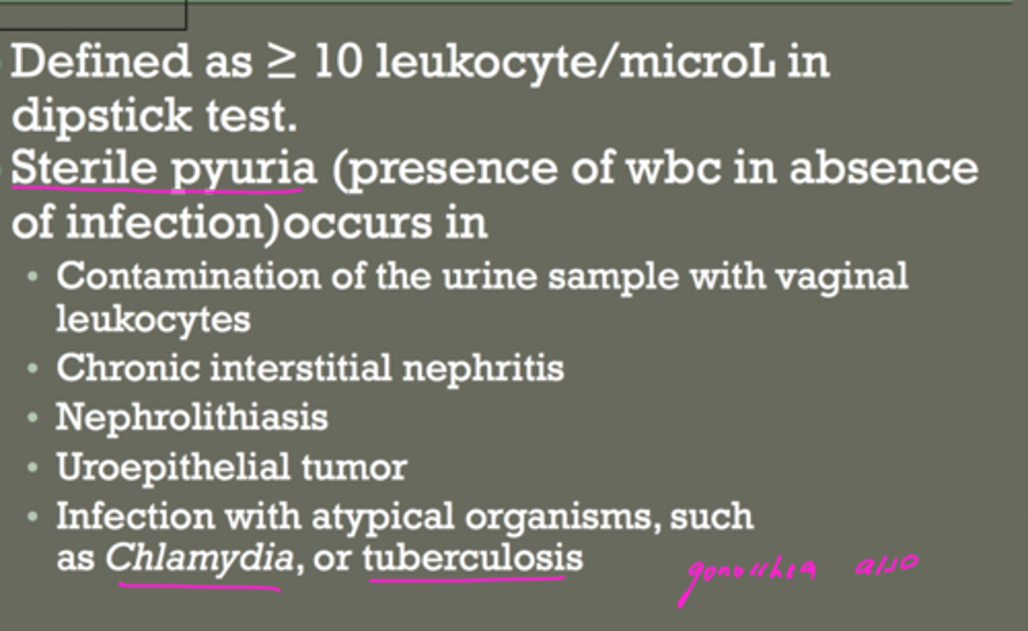 <p>The presence of significant number of white blood cells in the urine.</p>