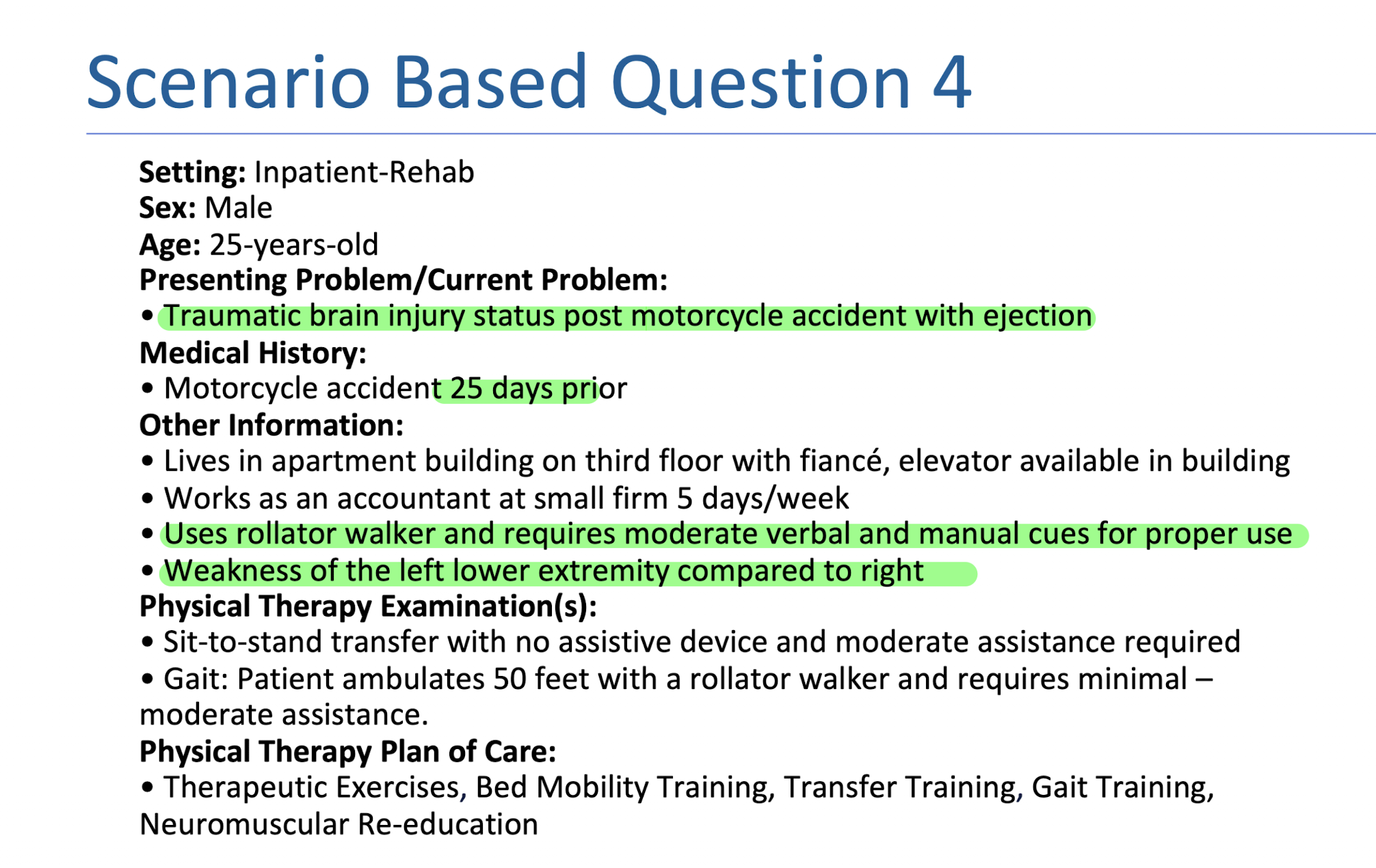 <p>Scenario Based 3: </p><p>If the patient becomes agitated during a session, what is the best initial response?</p><p>A. Leave the patient alone to calm down on their own</p><p>B. Use calming techniques to distract the patient</p><p>C. Correct the patient to discourage aggressive behavior</p><p>D. Restraint the patient to calm them and avoid harm</p>