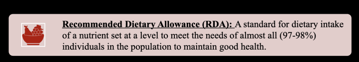 <p><span style="color: rgb(255, 255, 255);">A standard for dietary intake</span><span style="color: rgb(255, 255, 255);"><br></span><span style="color: rgb(255, 255, 255);">of a nutrient set at a level to meet the needs of almost all (97-98%)</span><span style="color: rgb(255, 255, 255);"><br></span><span style="color: rgb(255, 255, 255);">individuals in the population to maintain good health.</span></p>