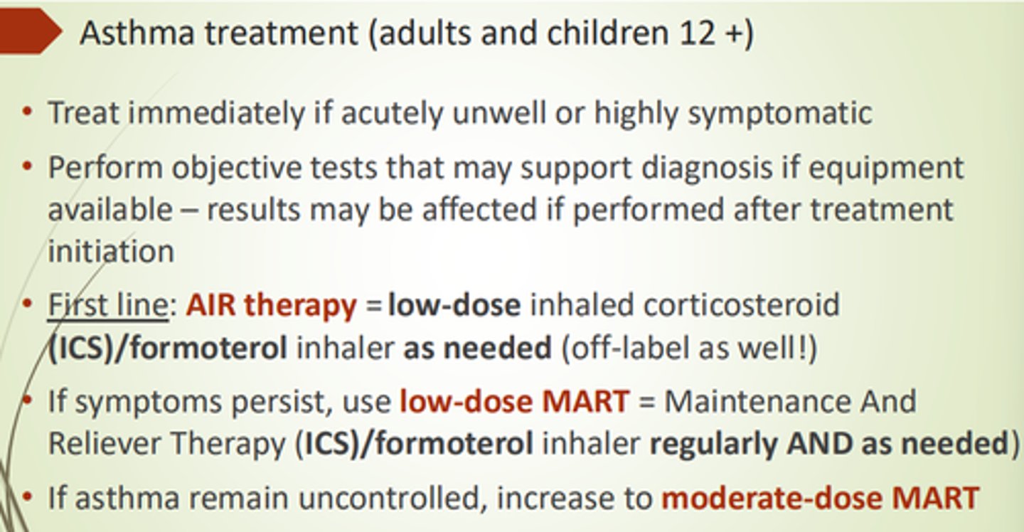 <p>Low dose MART - ICS/Formoterol inhaler regularly AND prn</p>