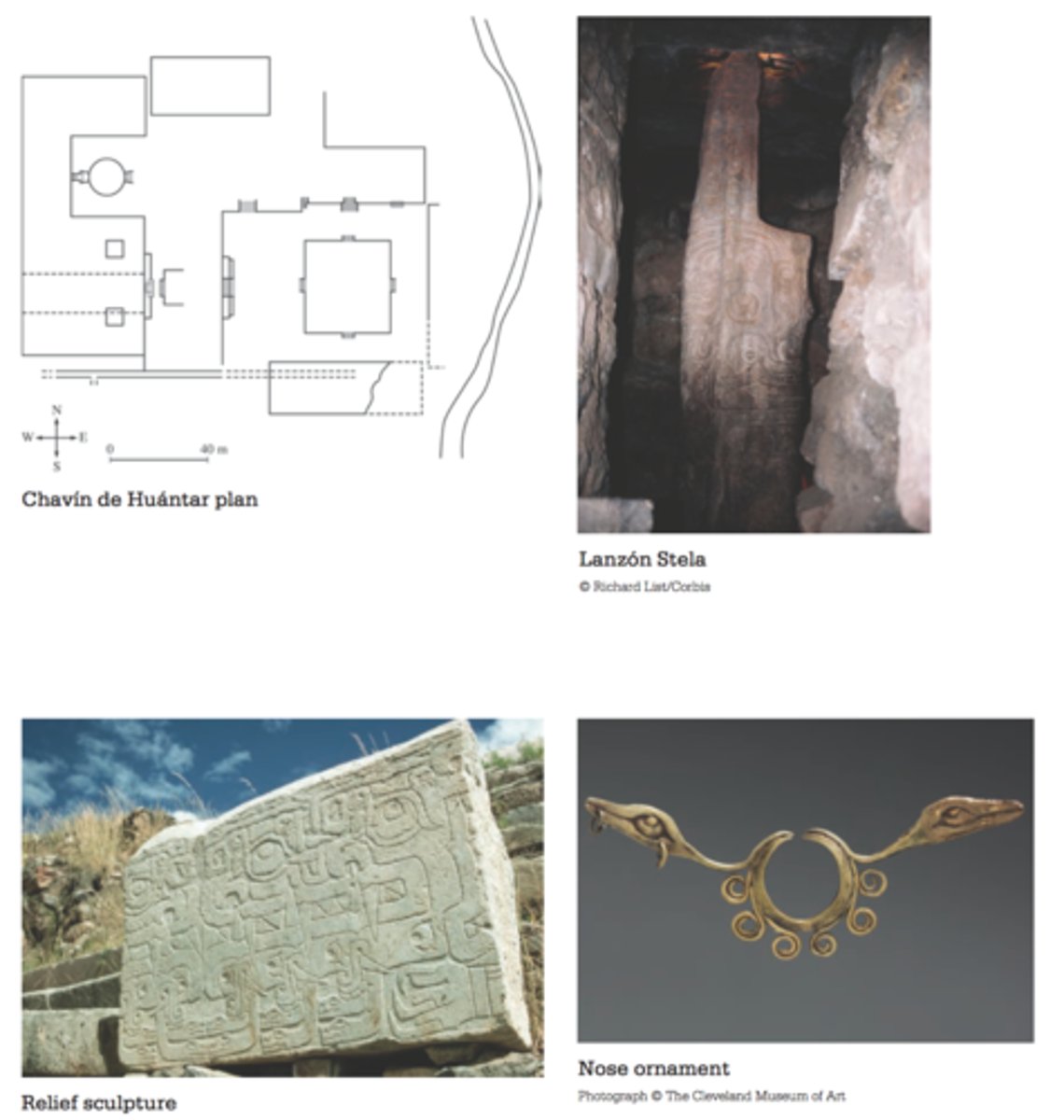 <p>perus; chavin; 900-200 BCE; stone (architectual complex), granite (scuplture), gold alloy (jewlery); pre-incan civilization in peru; religious and pilgramage center; andrean = andies mountain region; under it has maize and passgeways that leads it to a stone; has a lot of shallow reliefs of predadtory animals from this region --&gt; snakes, jaguars, birds, crocidiles and lots of combinations of humans and animals; the imagrey and text is very hard to undertsatnd bc this temple was made for the elite only = so they were the only ones that possed knowledge to understand it; contourrivalry = parts of an image that can be visually interpreted in many ways = in this case you can put a stone upside down and a new face appears; the lazone stone is the stone in the maze that goes too --&gt; makes lots of bizzare sounds = adds to the experience or they would take shrooms to elivate their religious experience; "spear stone"; stone is carved and red it from up to down; only the highest ranking are allowed to enter the maze and see it; stone is half man and half animial; golden nose ring = thought to be worn by the preist;</p>