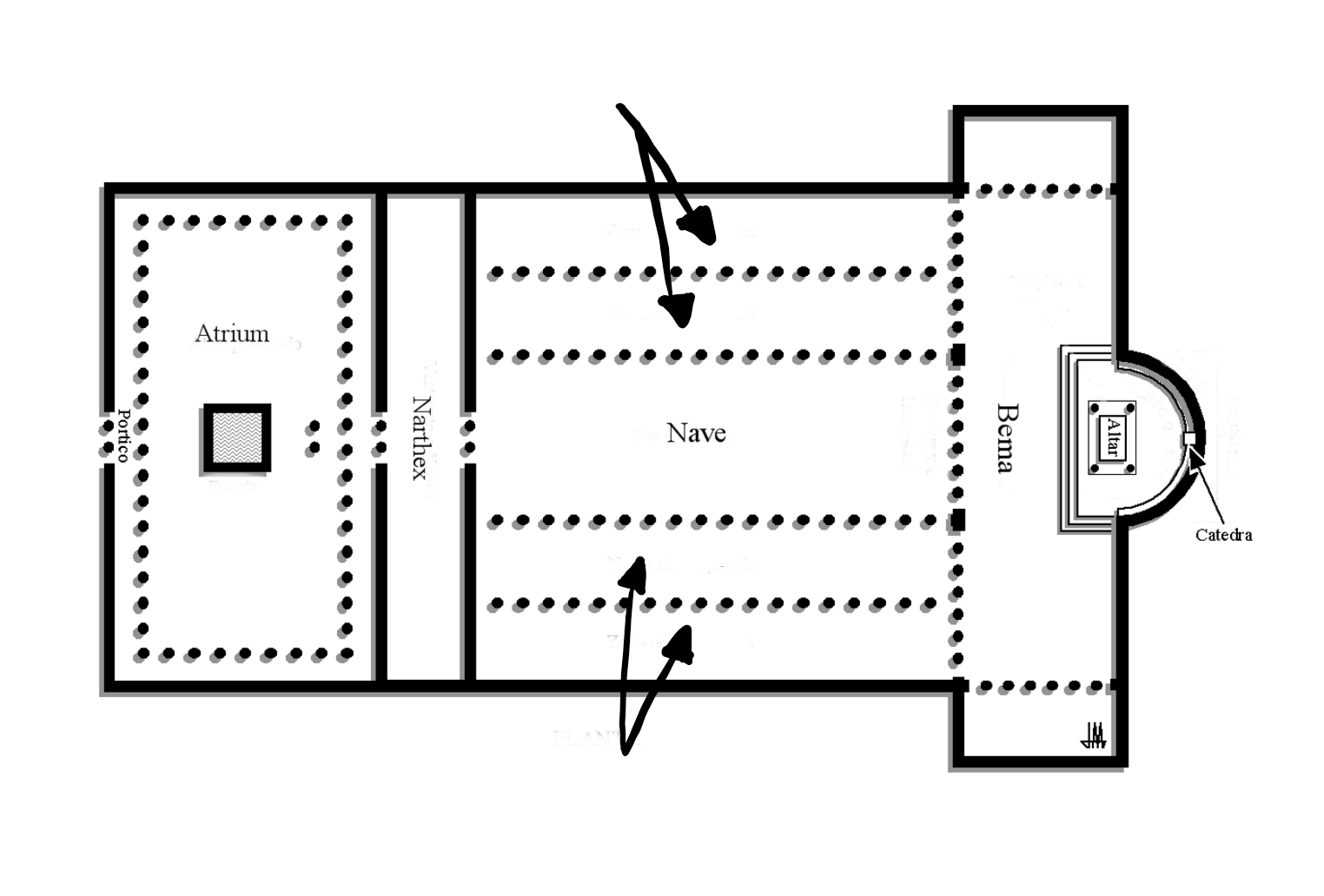 The four aisles that are side by side of the nave.