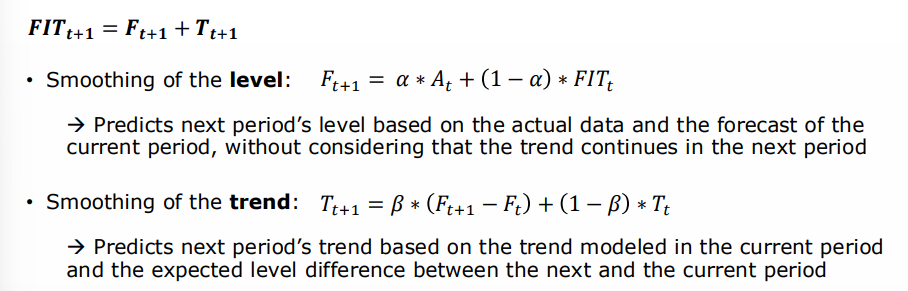 <p>need to compensate for the lagging that would occur → trend adjusted exponential smoothing </p><ul><li><p>smoothing of the level : predicts next periods level based on the actual data and the forecast of the current perios, withoud considering that the trend continues in the next oeriod </p></li><li><p>smoothing of the trend : predicts next periods trend based on the trend modeled in the current period and the expected level differences between the next and the current period </p></li><li><p>FIT = F + T </p></li></ul><p></p>