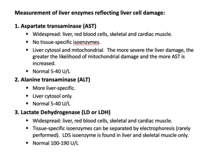 <p>measures of liver function<br>- if both elevated: decreased liver function<br>- if only AST elevated: alcohol, tylenol or statins in system</p>