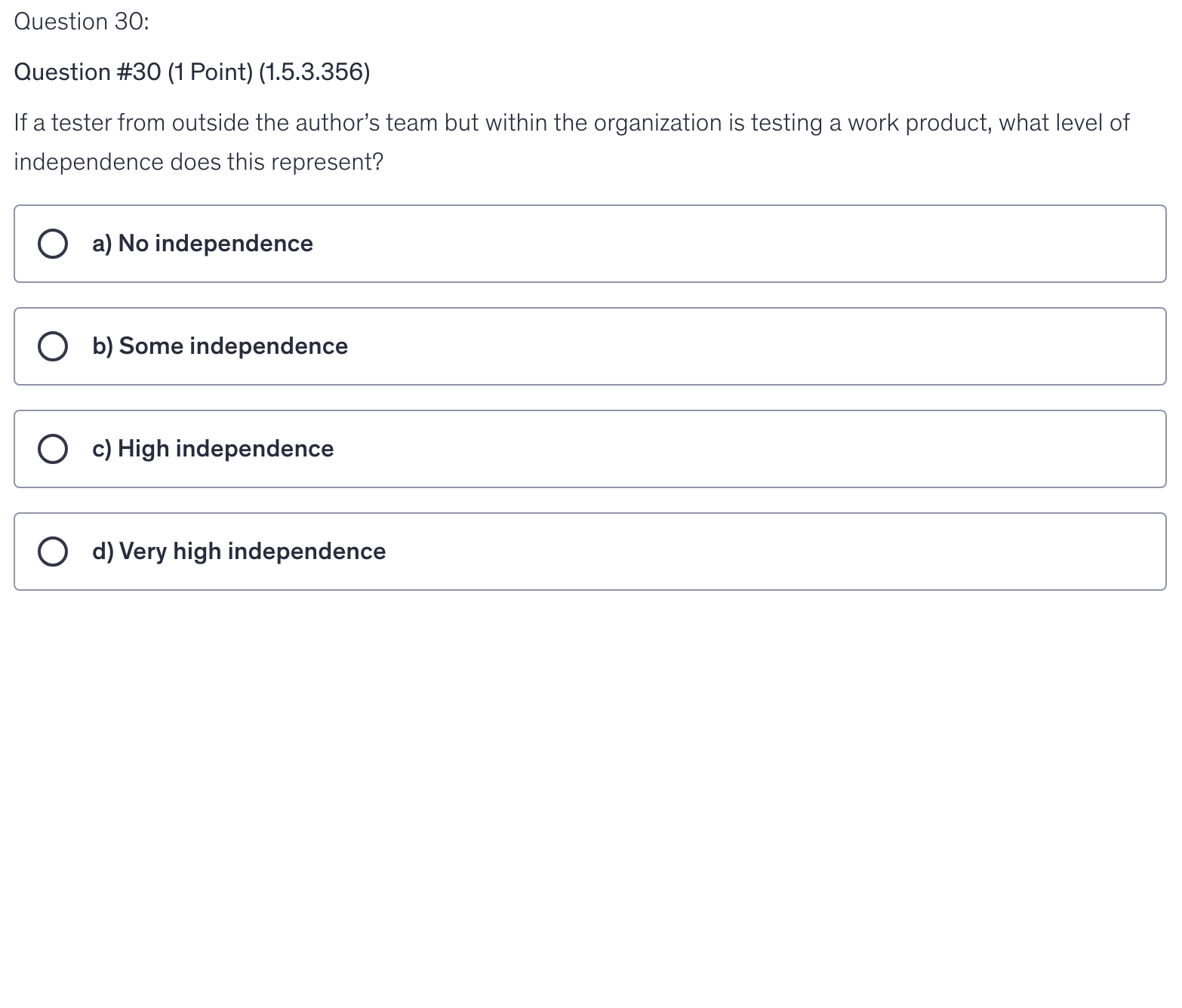 <p>If a tester from outside the author’s team but within the organization is testing a work product, what level of independence does this represent?</p>