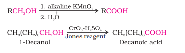 <ul><li><p>Primary alcohols are readily oxidised to carboxylic acids with common oxidising agents such as <u>potassium permanganate (KMnO₄)</u> in neutral, acidic or alkaline media or by <u>potassium dichromate (K<span>₂</span>Cr<span>₂</span>O<span>₇</span> )</u> and <u>chromium trioxide (CrO<span>₃</span>)</u> in acidic media (Jones reagent).</p></li></ul>