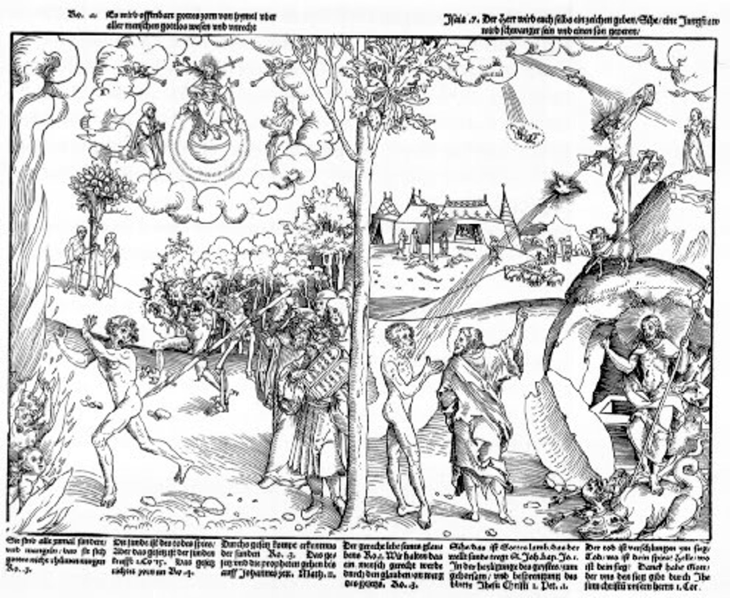 <p>Location: Europe</p><p>Time Period: 1530 C.E</p><p>Artist: Lucas Cranach the Elder</p><p>Material: Woodcut and letterpress</p><p>Facts: Right ("gospel") side</p><p>On the "gospel" side of the image (the right side), John the Baptist directs a naked man to both Christ on the cross in front of the tomb and to the risen Christ who appears on top of the tomb (see detail at top of page). The risen Christ stands triumphant above the empty tomb, acting out the miracle of the Resurrection. This nude figure is not vainly hoping to follow the law or to present a tally of his good deeds on the judgment day. He stands passively, stripped down to his soul, submitting to God's mercy.</p><p>Left ("Law") side</p><p>In the left foreground a skeleton and a demon force a frightened naked man into hell, as a group of prophets, including Moses, point to the tablets of the law. The motifs on the left side of the composition are meant to exemplify the idea that law alone, without gospel, can never get you to heaven. Christ sits in Judgment as Adam and Eve (in the background) eat the fruit and fall from grace. Moses beholds these events from his vantage point toward the center of the picture, his white tablets standing out against the saturated orange robe and the deep green tree behind him, literally highlighting the association of law, death, and damnation.</p>