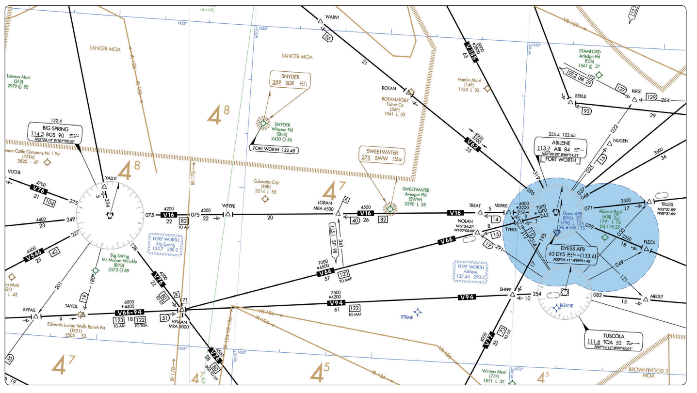 <p>In figure 40, for planning purposes, what is the highest usable altitude for IFR flight from V16 between the BGS VORTAC and the ABI VORTAC?</p>