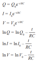 <ul><li><p>Q<sub>0 </sub>is the initial charge… </p></li><li><p>To simplify the first three equations, take natural logs of both sides </p></li></ul><p></p>