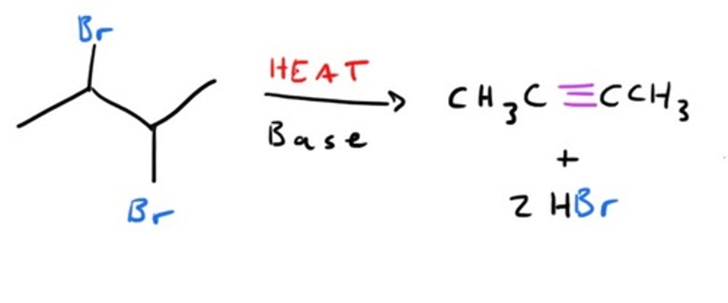 <p>-Elimination of halides (E2)</p><p>-Vicinal dihalide (alkane) ---(2 eq. KOH, ethanol or 2 NaNH2, NH3)--> alkyne</p><p>-Vinylic halide (alkene) ---(NaNH2/NH3)--> alkyne</p>