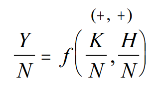 <p>hängt sowohl von der physischen Kapitalintensität (K/N), als auch vom Bestand an Humankapital (H/N) ab. Die Produktionsfunktion lässt sich wie folgt modifizieren: <em>*Bild</em></p><p>Die Produktion je Beschäftigten nimmt mit steigender Kapitalintensität und mit dem durchschnittlichen Ausbildungsniveau zu</p>