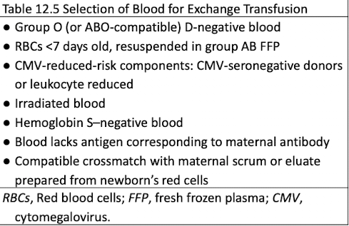 <ul><li><p>ABO and D typing for the infant</p></li><li><p>Antibody screening with maternal or infant serum/plasma</p></li><li><p>Use antigen-negative units if antibody present</p></li></ul><p></p>