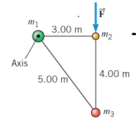 <p>question 6:</p><p>The drawing shows a system of objects consisting of three small balls connected by massless rods. The axis of rotation is at m<sub>1,</sub> and it is perpendicular to the page, as shown. &nbsp;The force of magnitude <em>F</em> of magnitude 424 N&nbsp; is applied to the ball (see the drawing). The masses of the balls are m<sub>1&nbsp;</sub>= 9.0 kg, m<sub>2</sub> = 6.0 kg, and&nbsp; m<sub>3</sub> = 7.0 kg.&nbsp;</p><p>The moment of inertia about the given axis of rotation is:</p><p>a) 229 kg.m<sup>2</sup></p><p>b) 175 kg.m<sup>2</sup></p><p>c) 53 kg.m<sup>2</sup></p><p>d) 18 kg.m<sup>2</sup></p>