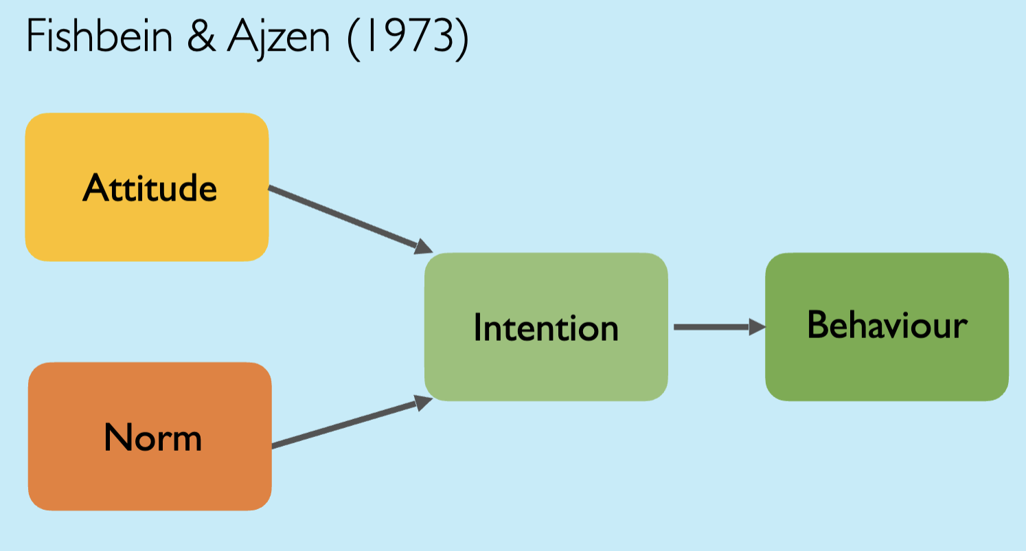 <p>Fishbein and Ajzen (1973).</p><p></p><p>They found that an individuals intention is determinant of their behaviour.</p><p></p><p>Hence, they argued that our attitudes and subjective norms shaped our intentions which then motivated us to exhibit a certain behaviour. </p>
