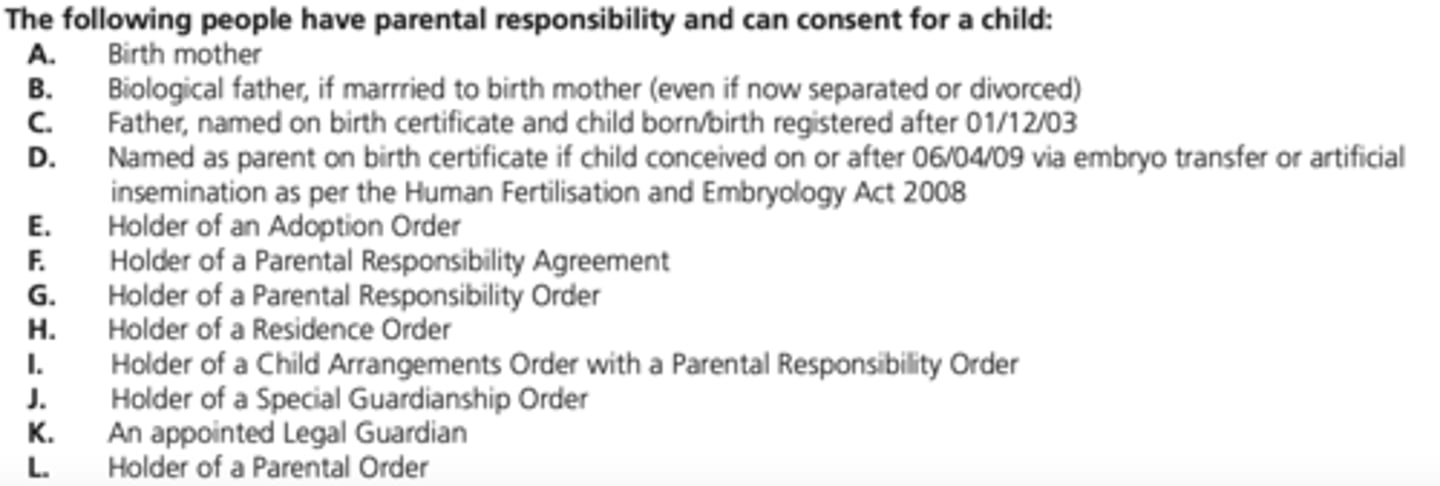 <p>- Birth mother</p><p>- Biological father, if married to birth mother (even if now separated or divorced)</p><p>- Father, named on birth certificate and child born/birth registered after 01/12/03</p><p>- Named as parent on birth certificate if child conceived on or after 06/04/09 via embryo transfer or artificial insemination as per the Human Fertilisation and Embryology Act 2008</p><p>- Holder of an Adoption Order</p><p>- Holder of a Parental Responsibility Agreement</p><p>- Holder of a Parental Responsibility Order</p><p>- Holder of a Residence Order</p><p>- Holder of a Child Arrangements Order with a Parental Responsibility Order</p><p>- Holder of a Special Guardianship Order</p><p>- An appointed Legal Guardian</p><p>- Holder of a Parental Order</p>