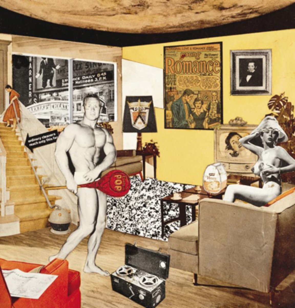 <p>Richard hamilton, living room with crammed logos, consumerism Adam and Eve</p>