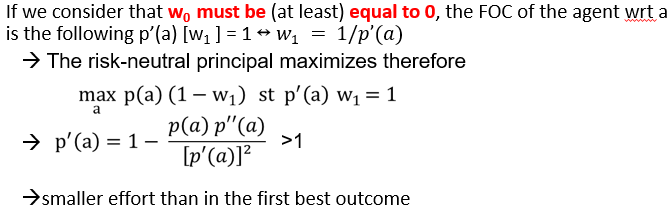<p>They = <strong>indifferent </strong>to risks of output variability, leading to <strong>simpler contracts</strong> where <strong>agent = fully insured</strong></p>
