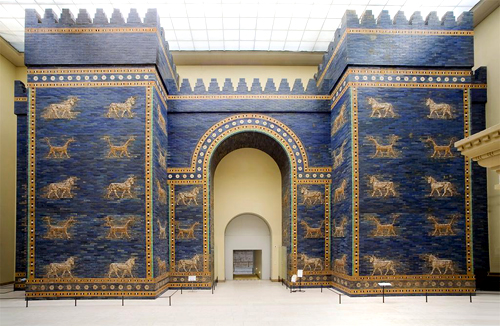 <p>from ancient babylon - whose architecture featured glazed brick in its heavily gated walls</p><p>this structure utilized the lapis lazuli as inspiration and showed motifs of gods along the wall - highlighted the city’s wealth</p>
