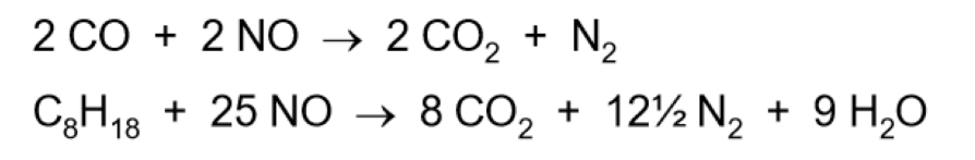 <p>Remove CO, NOx and unturned hydrocarbons (eg octane, C8H18) from the exhaust gases, turning them into ‘harmless’ CO2, N2 and H2O</p><p></p>
