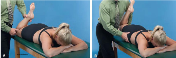 <p>Position: Prone</p><p>Examiner:</p><ul><li><p>Full knee flexion </p></li><li><p>Hip extension </p></li></ul>