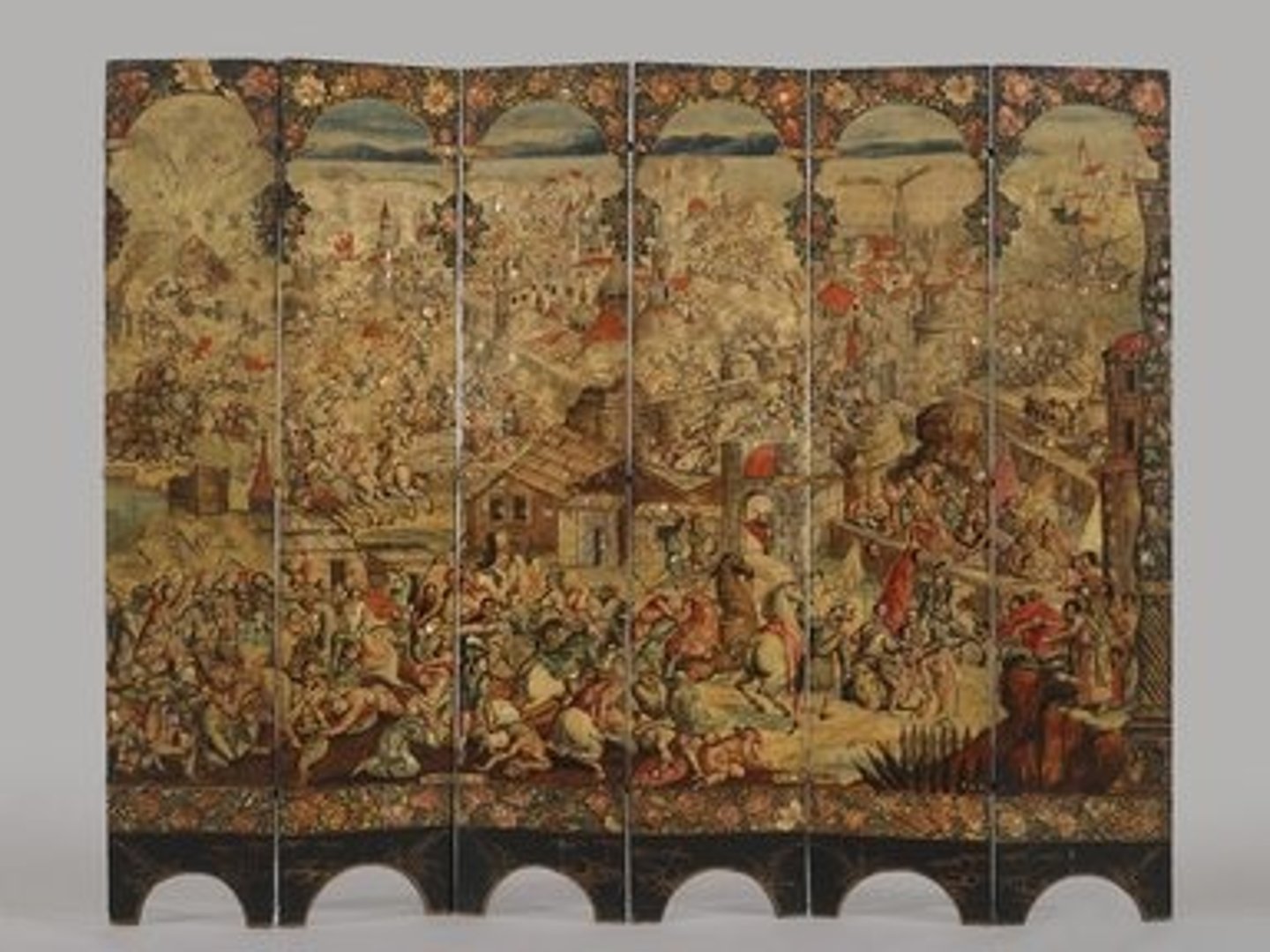 <p>Circle of the Gonzalez family. c. 1697-1701 CE. Tempera and resin on wood, shell inlay.<br><br>Combines Mexican art forms biombas (folding screens) and enconchados (shell-inlay paintings). Commissioned by the viceroy of New Spain. The inspiration of Dutch print meant to connect Hapsburgs power with New Spain. Hunting scene based on old European print.</p>